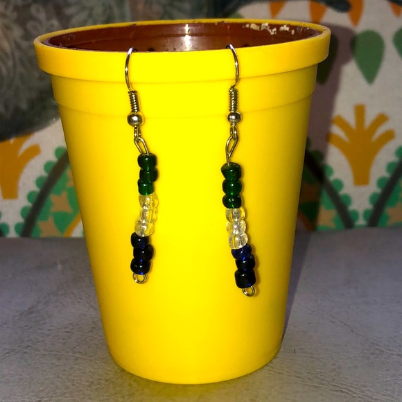 Beaded Dangle Earrings, Green, White, Blue, Silver